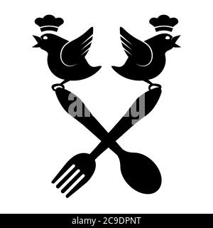 https://l450v.alamy.com/450v/2c9dpnt/birds-in-a-chef-s-hat-fork-and-spoon-silhouette-on-a-white-isolated-background-vector-image-2c9dpnt.jpg