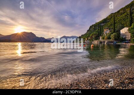 One of the most beautiful bays and beaches in Lake Como. Lierna, Province of Lecco, Como Lake, Lombardy, Italy, Europe. Stock Photo