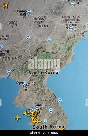 air traffic over Korea (29 july éàéà, UTC 21.23)  on Internet with Flightradar 24 site, during the Coronavirus Pandemic Stock Photo