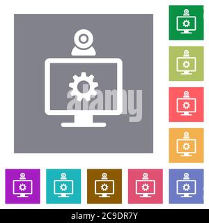 Webcam settings flat icons on simple color square backgrounds Stock Vector