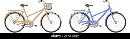 Two bicycles in yellow and purple color isolated on white background Stock Vector