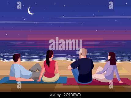 Night rest on beach semi flat vector illustration. People on weekend watch waves. Holiday on tropical seaside. Sea in evening. Friend group on seaside Stock Vector