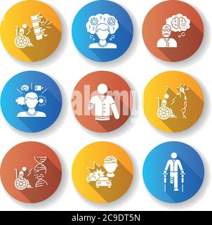 Patient with disability flat design long shadow glyph icons set. Handicapped man. Paralyzed person in wheelchair. Memory loss from Brain injury. Chron Stock Vector