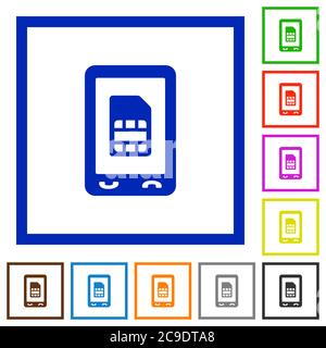 Mobile sim card flat color icons in square frames on white background Stock Vector