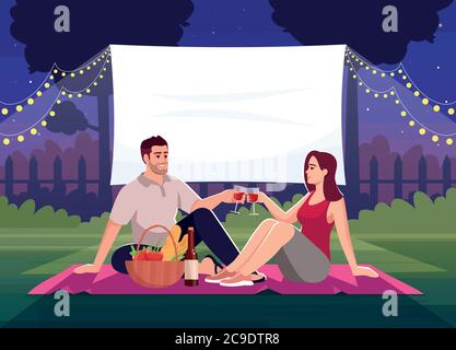 Movie date semi flat vector illustration. Romantic weekend for lovers. Picnic with wine and film watching. Large display for backyard cinema. Couple 2 Stock Vector