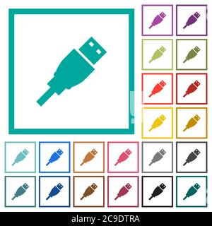 USB plug flat color icons with quadrant frames on white background Stock Vector