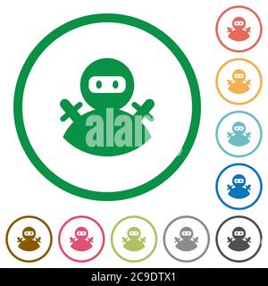 Ninja avatar flat color icons in round outlines on white background Stock Vector