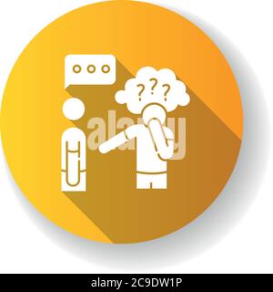 Asperger syndrome yellow flat design long shadow glyph icon. Difficulty with communication. Social anxiety. Man with disorder. Speech impairment. Inte Stock Vector
