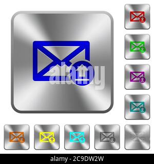 Sending email engraved icons on rounded square glossy steel buttons Stock Vector