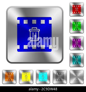 Delete movie engraved icons on rounded square glossy steel buttons Stock Vector