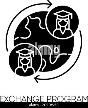 Exchange program black glyph icon. International students swap. Opportunity for studying in foreign university. Education abroad silhouette symbol on Stock Vector