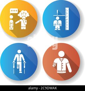 Medical condition flat design long shadow glyph icons set. Asperger syndrome. Adult with dwarfism. Leg amputee. Arm injury. Health care problem. Socia Stock Vector