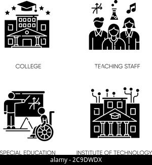 Higher education black glyph icons set on white space. Institute of technology, college. Professional teaching staff and special learning conditions s Stock Vector