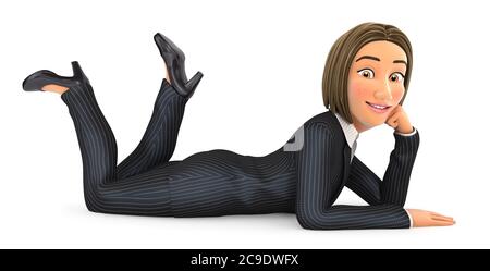 3d business woman lying down on floor, illustration with isolated white background Stock Photo