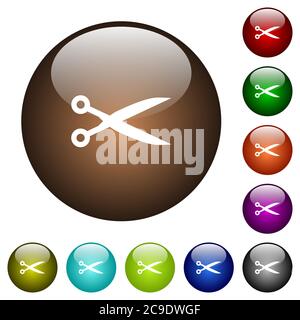 Cut with scissors white icons on round color glass buttons Stock Vector