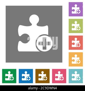Add new plugin flat icons on simple color square backgrounds Stock Vector