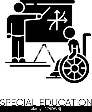 Special education black glyph icon. Inclusive education silhouette symbol on white space. Conditions for disabled people. Student in wheelchair and pe Stock Vector