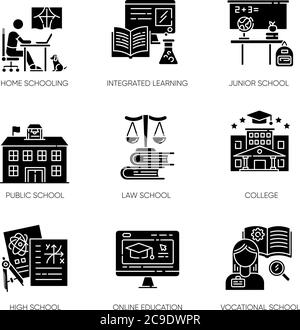 Education system black glyph icons set on white space. Teaching methods, home schooling and online classes. Primary, secondary and higher education si Stock Vector