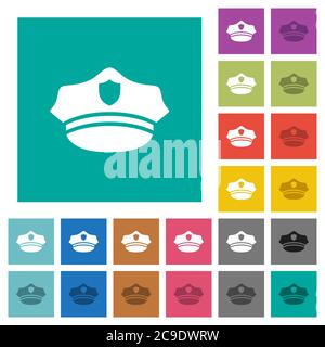 Police hat multi colored flat icons on plain square backgrounds. Included white and darker icon variations for hover or active effects. Stock Vector