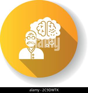 Dementia yellow flat design long shadow glyph icon. Alzheimer from aging. Senior man with neurological disability. Loss of memory. Patient with health Stock Vector