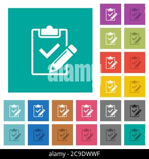 Fill out checklist multi colored flat icons on plain square backgrounds. Included white and darker icon variations for hover or active effects. Stock Vector