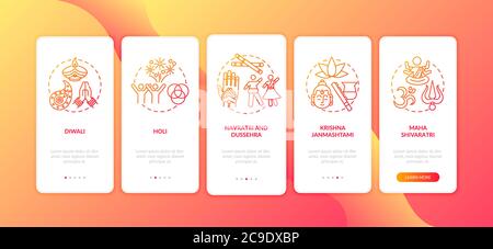 Top Hindu festivals onboarding mobile app page screen with concepts. Krishna Janmashtami. Holi and Diwali. Walkthrough 5 steps graphic instructions. U Stock Vector