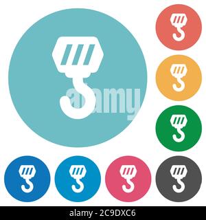 Construction hook flat white icons on round color backgrounds Stock Vector