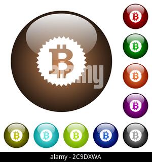 Bitcoin sticker white icons on round color glass buttons Stock Vector