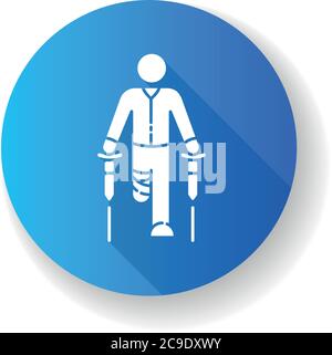Leg amputee blue flat design long shadow glyph icon. Disabled man with crutches. Rehabilitation for handicapped person. Recovery from injury. Mobility Stock Vector