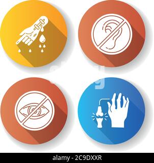 Health care problem flat design long shadow glyph icons set. Bleeding from hemophilia. Arm injury. First aid for cut vein. Sensory impairment. Rheumat Stock Vector