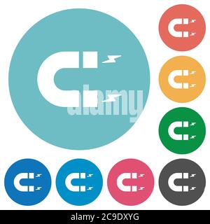 Horseshoe magnet flat white icons on round color backgrounds Stock Vector