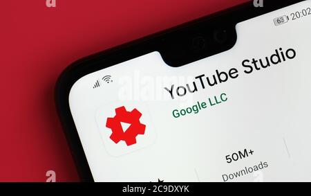 Stone / United Kingdom - July 30 2020: Youtube Studio app seen on the corner of mobile phone. Stock Photo