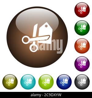 Price cut white icons on round color glass buttons Stock Vector