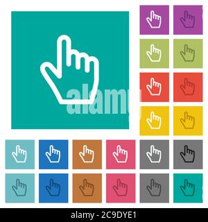 Hand cursor multi colored flat icons on plain square backgrounds. Included white and darker icon variations for hover or active effects. Stock Vector