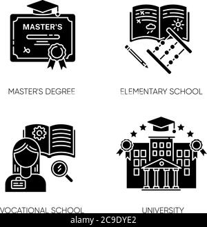 Primary and higher education black glyph icons set on white space. Masters degree, elementary school, university and vocational school silhouette symb Stock Vector