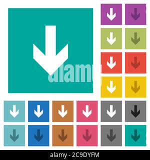 Down arrow multi colored flat icons on plain square backgrounds. Included white and darker icon variations for hover or active effects. Stock Vector
