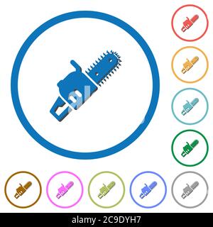 Chainsaw flat color vector icons with shadows in round outlines on white background Stock Vector