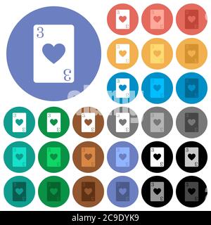 Three of hearts card flat color icons with quadrant frames multi colored flat icons on round backgrounds. Included white, light and dark icon variatio Stock Vector