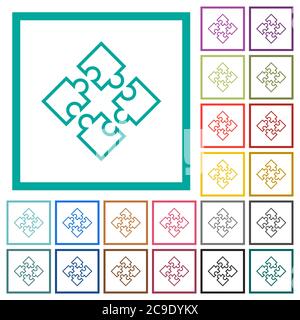 Puzzle pieces flat color icons with quadrant frames on white background Stock Vector
