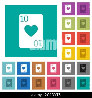 Ten of hearts card multi colored flat icons on plain square backgrounds. Included white and darker icon variations for hover or active effects. Stock Vector