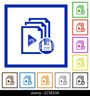 Save playlist flat color icons in square frames on white background Stock Vector