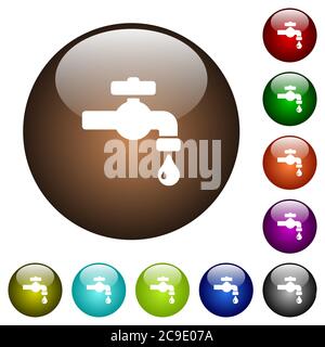 Water faucet with water drop white icons on round color glass buttons Stock Vector