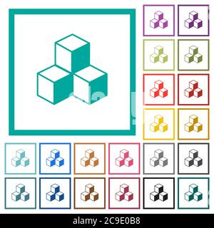 Cubes flat color icons with quadrant frames on white background Stock Vector