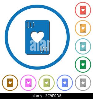 Ten of hearts flat color vector icons with shadows in round outlines on white background Stock Vector