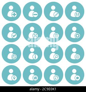 White flat basic user account management icon collection on round glaucous backgrounds Stock Vector