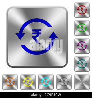 Rupee pay back wooden buttons engraved icons on rounded square glossy steel buttons Stock Vector