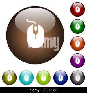 Computer mouse with cord white icons on round color glass buttons Stock Vector