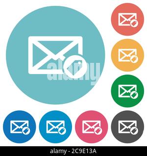 Tagging mail flat white icons on round color backgrounds Stock Vector
