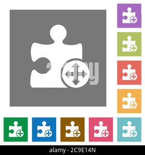 Move plugin flat icons on simple color square backgrounds Stock Vector