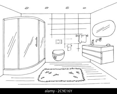 Bathroom graphic home interior black white sketch illustration vector Stock Vector